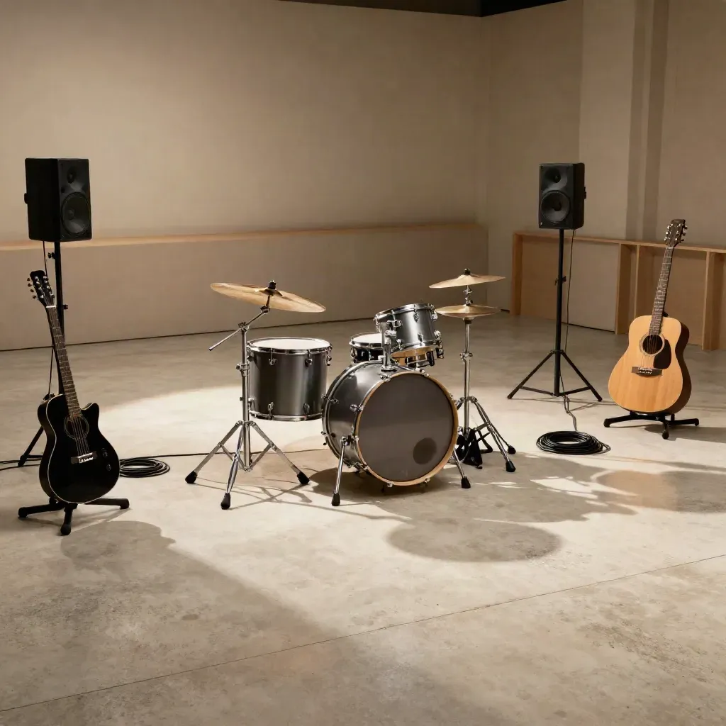 Leerer Proberaum mit Drumkit, Gitarrenständern, Monitoren und markierten Bodenwegen.