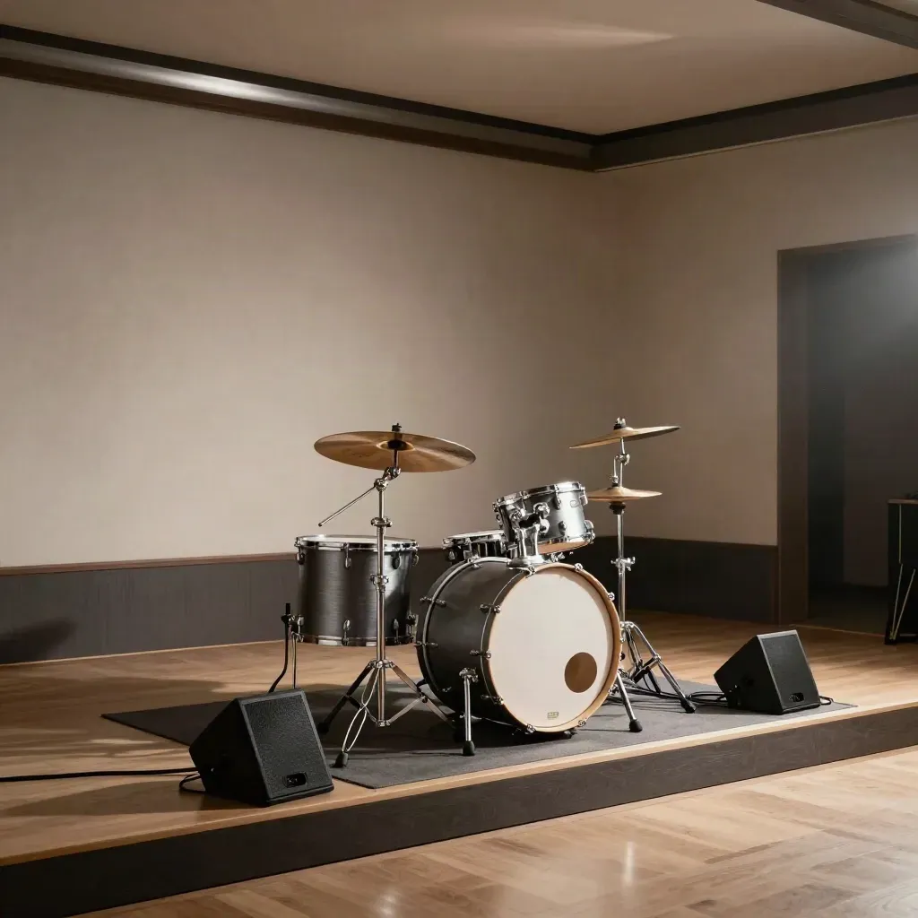 Leere Clubbühne mit Drums, Monitoren und Lichtkegeln im warmen Raum.