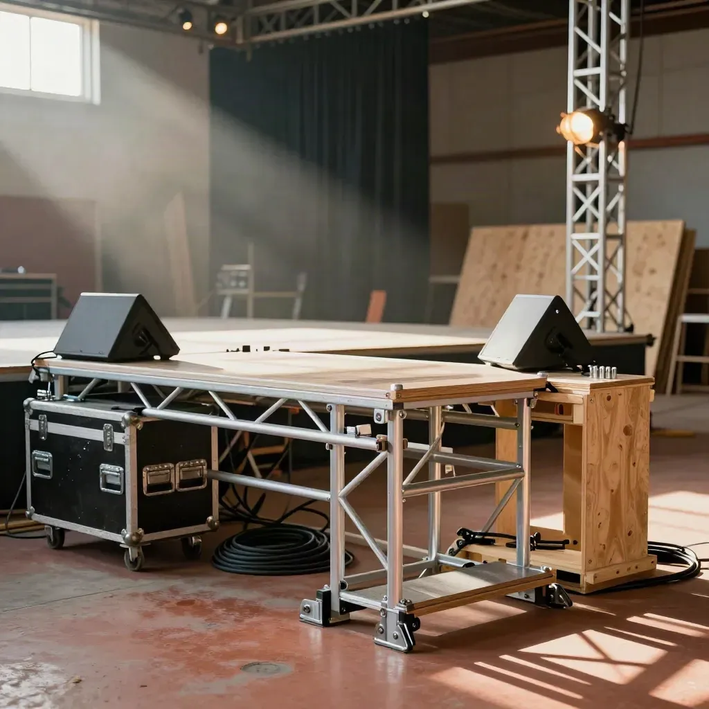 Halbfertige Eventbühne mit Traversen, Cases und Monitoren im warmen Licht