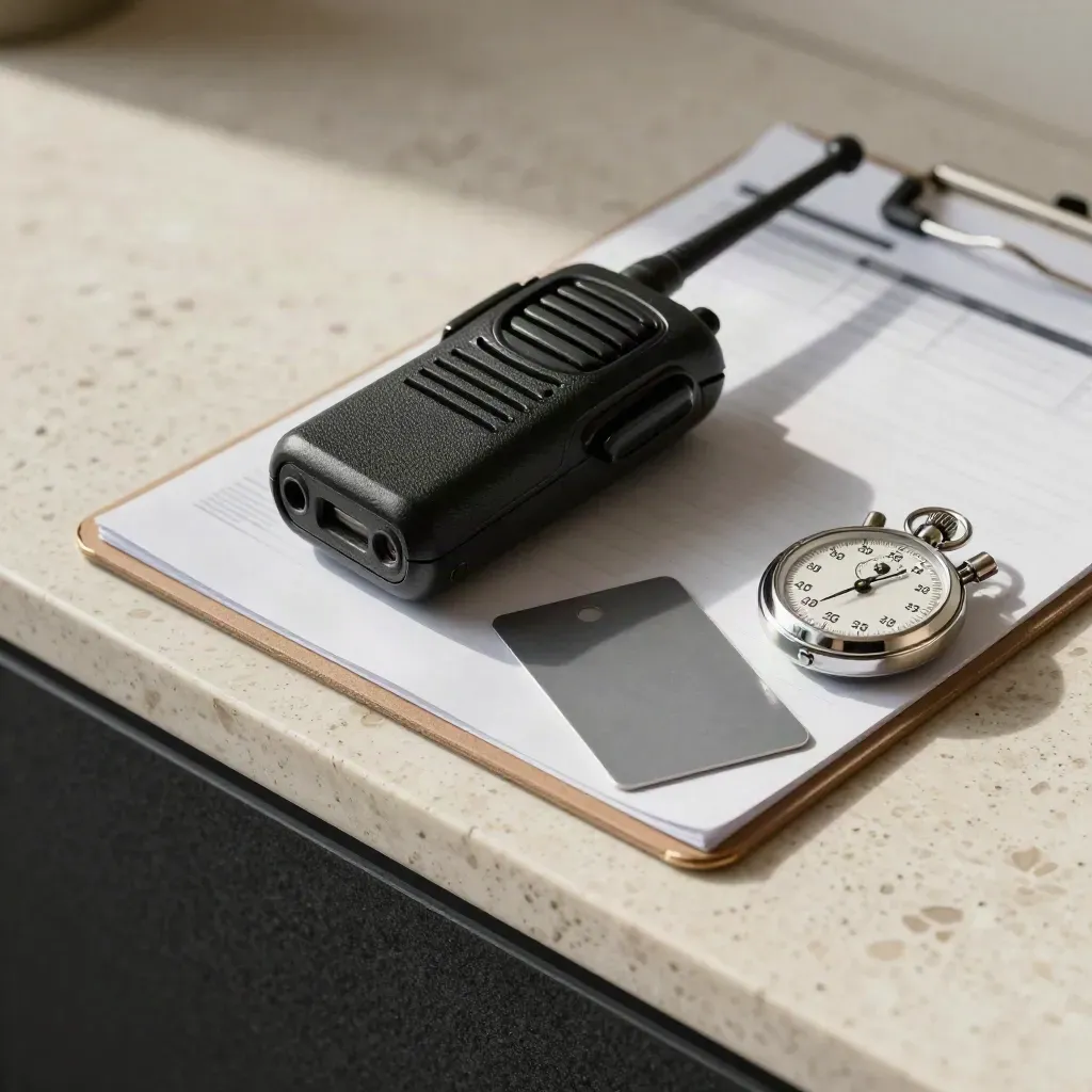 Makro von Funkgerät, Aluminium-Clipboard, Schlüsselkarte und Stoppuhr auf hellem Travertin.