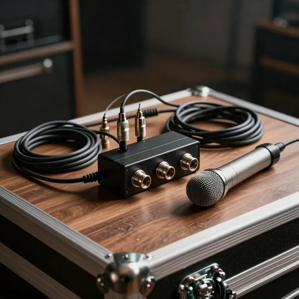 DI-Box, XLR-Stecker, Patchkabel und Messmikro auf einem Walnuss-Flightcase