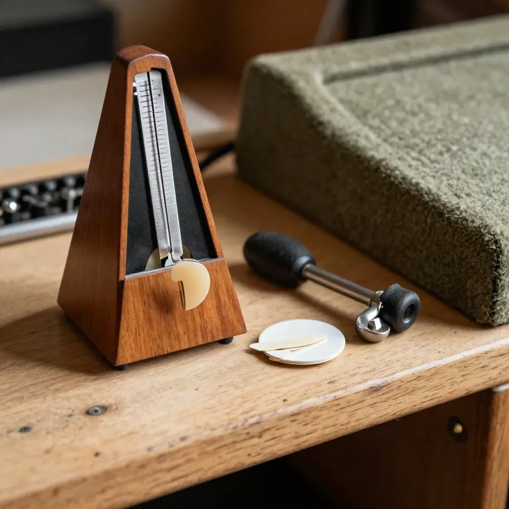 Metronom, Kapodaster, Plektrumdose und Drumkey auf rauem Holz im Proberaum.
