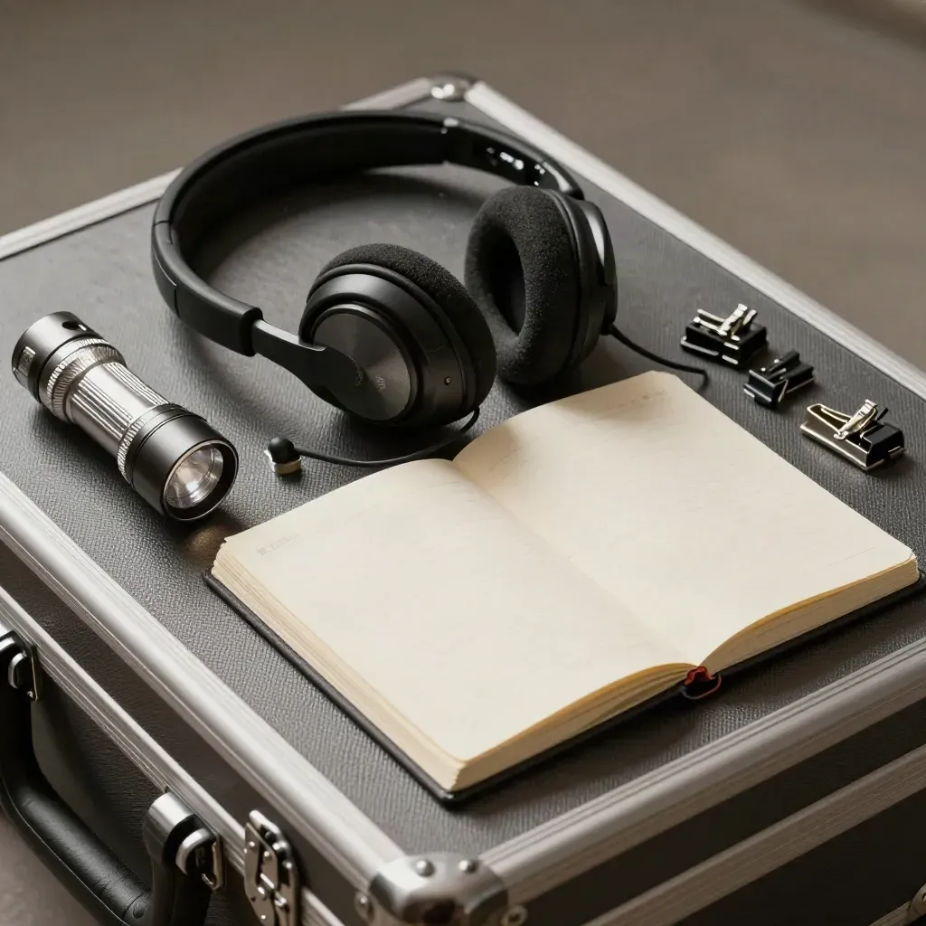 Funkheadset, Taschenlampe, Kabelclips und Termin-Block auf anthrazitfarbenem Flightcase