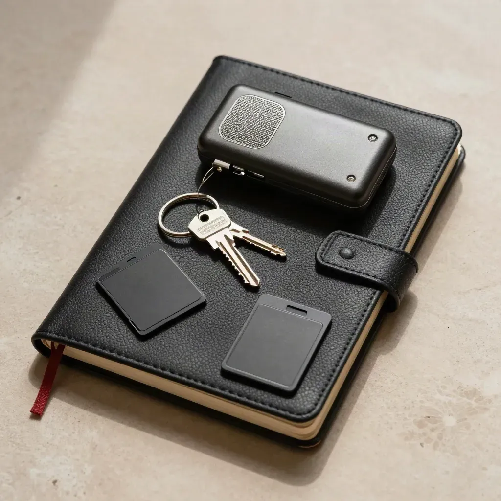 Notebook, Recorder, Schlüssel und Kartenclips auf heller Oberfläche, von oben fotografiert.