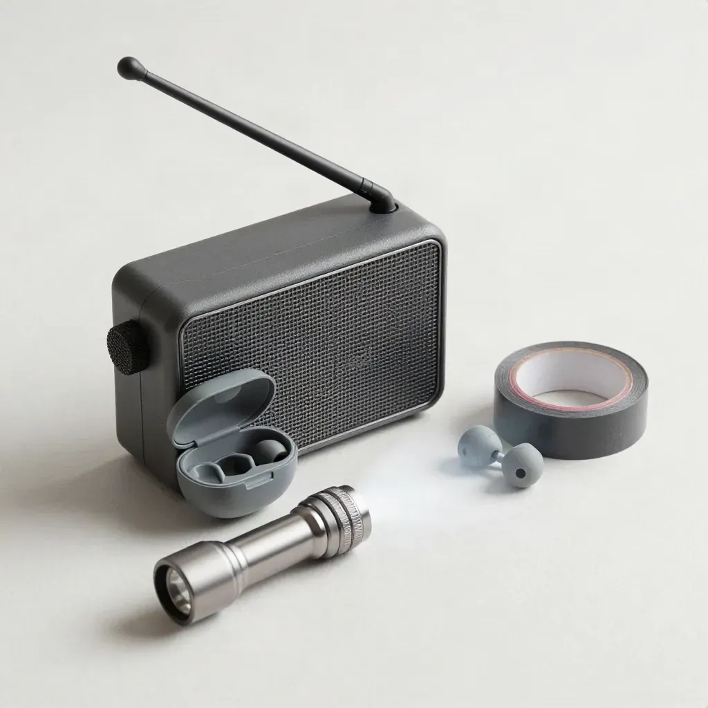 Funkgerät, In-Ear-Case, Taschenlampe und Gaffer-Tape auf hellem Plastersweep mit Magenta-Akzent