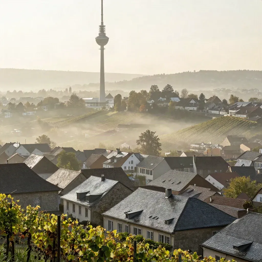 Stuttgarter Talkessel im Morgennebel mit Fernsehturm und Rebenhängen
