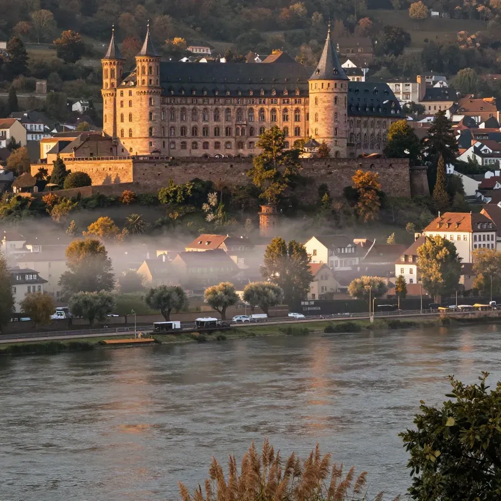 Heidelberg mit Schloss über der Neckarschleife im goldenen Abendlicht und feinem Dunst