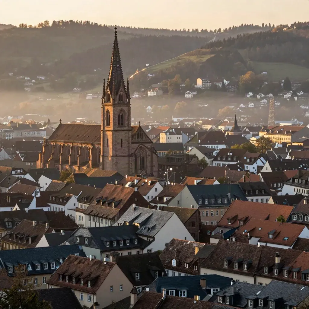 Freiburgs Münsterturm über Dächermeer und Schwarzwaldhängen im warmen Abenddunst.