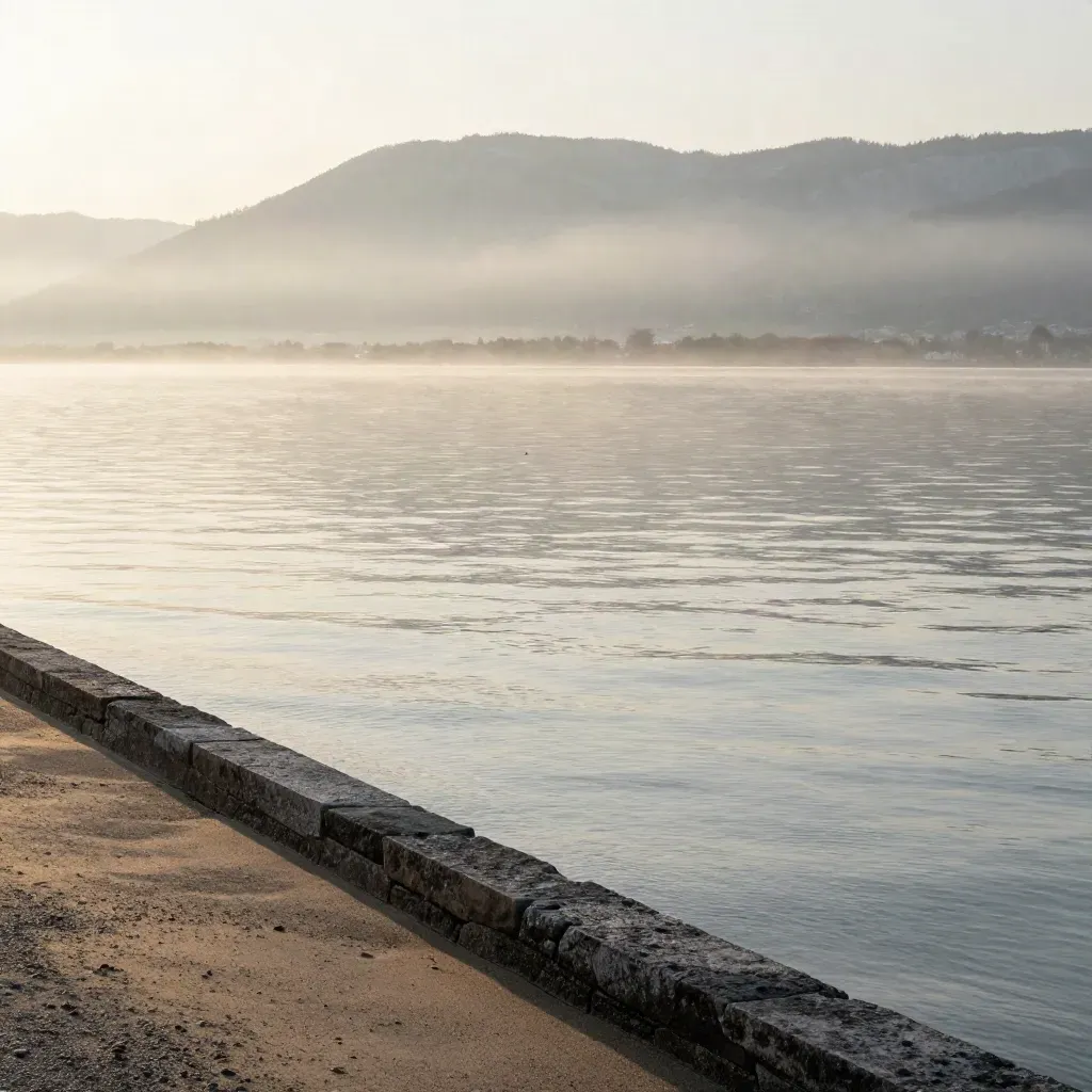 Bodensee im Morgennebel, ruhige Wasserfläche, ferne Alpen und schmale Steinmauer am Ufer