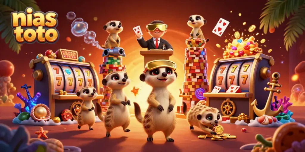 Meerkats menjalankan operasi kasino dengan tema nias toto, dikelilingi oleh elemen permainan yang menawan.