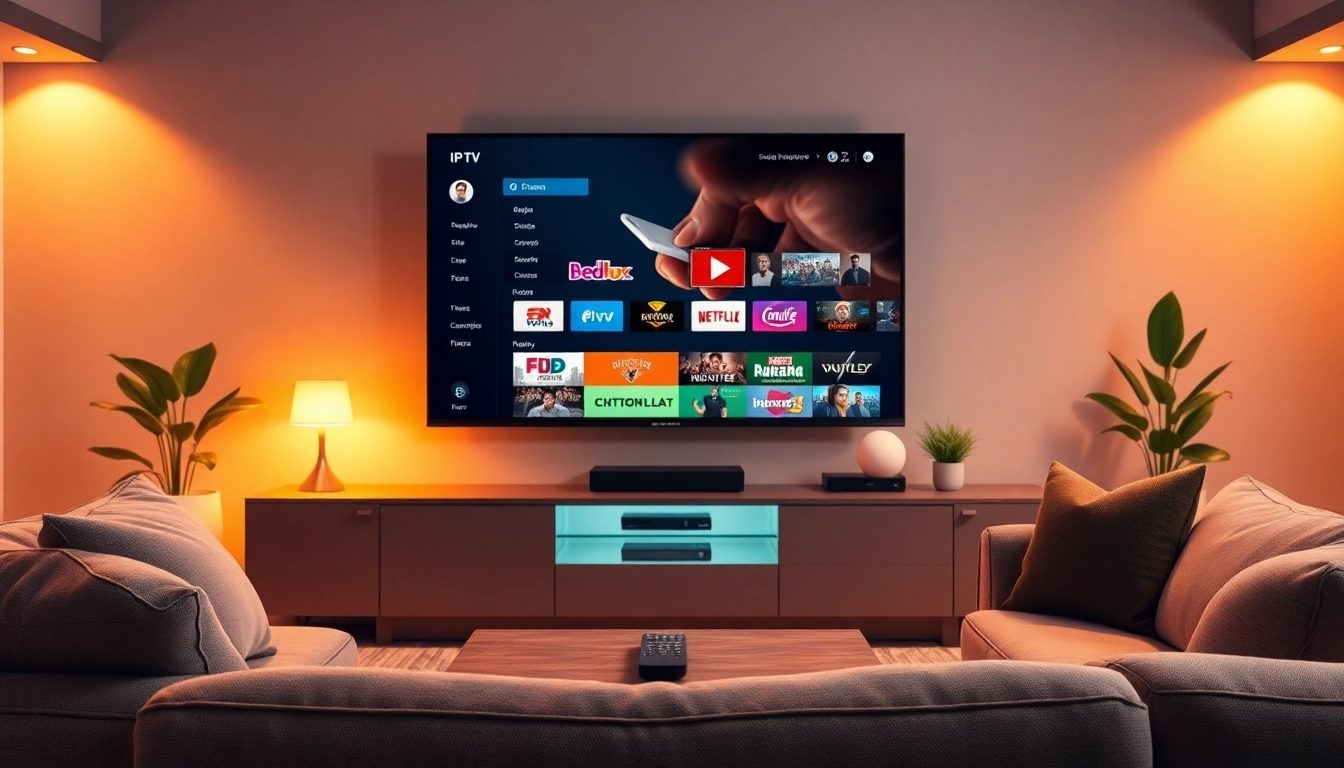 Fernseher zeigt vielfältige Optionen nach dem iptv kaufen in einem modernen Wohnzimmer.