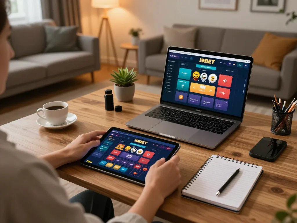 I9BET user engaging with online casino app on a tablet in a cozy home setup, showcasing responsible gambling.