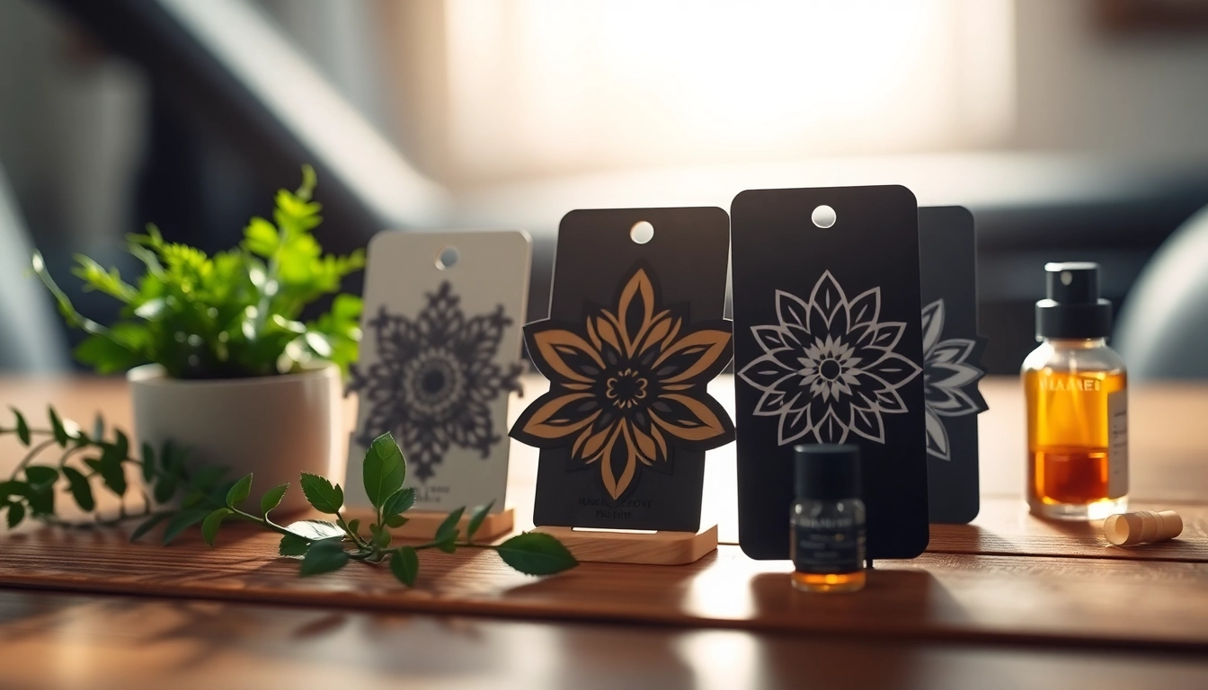 Duftbäume personalisieren in stilvollem Design, umgeben von Natur und farbenfrohen Details.