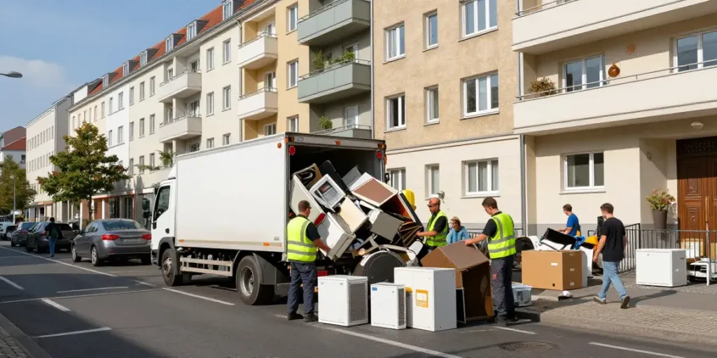 Sperrmüllabholung Berlin in Aktion, Team sammelt alte Möbel und Geräte auf einer Berliner Straße.