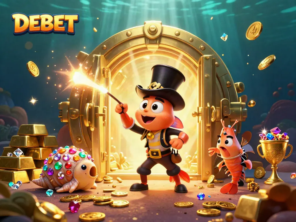 Engage in the adventurous world of DEBET with a vibrant 3D illustration featuring sea creatures and treasure.