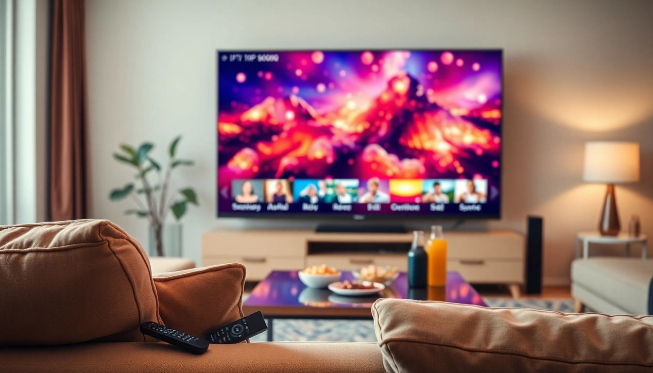 Iptv Kaufen auf einem modernen Fernseher in einem einladenden Wohnzimmer.