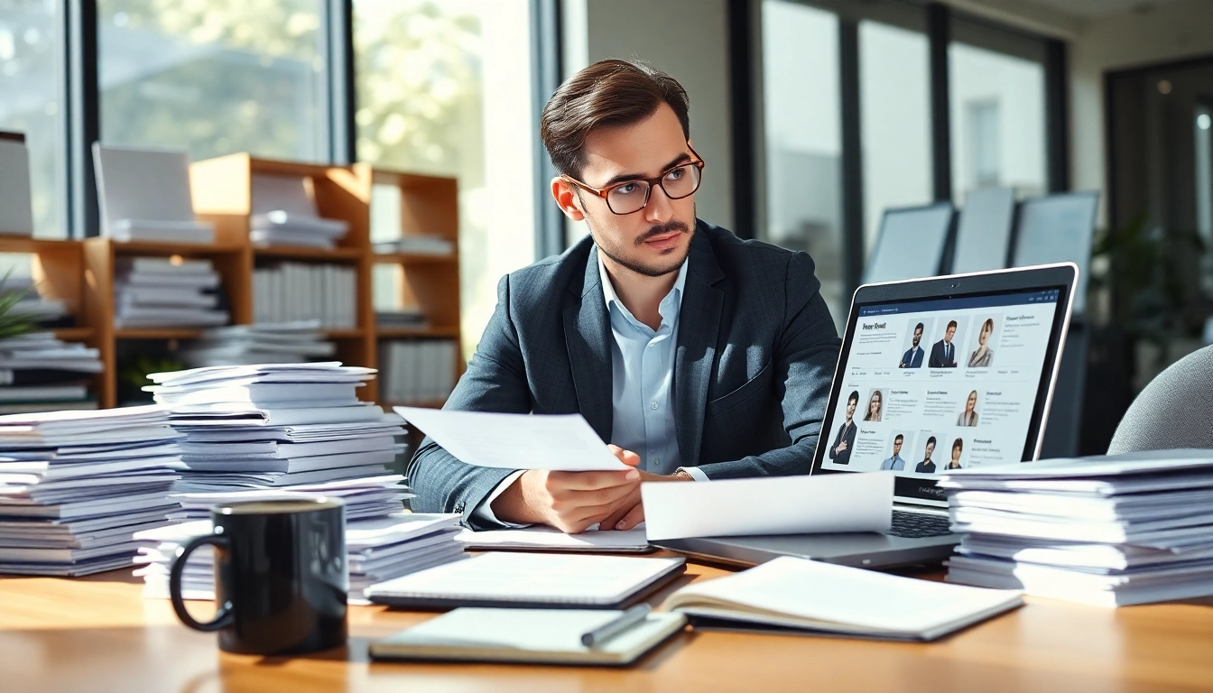 Headhunter Ingenieure analysiert Lebensläufe in einem hellen Büro.