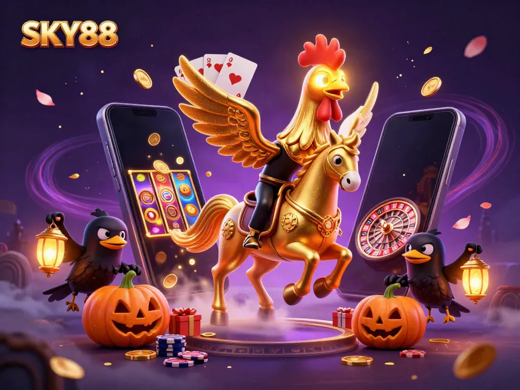 Experience the thrill of SKY88 with exciting casino games and vivid 3D characters in this detailed illustration.