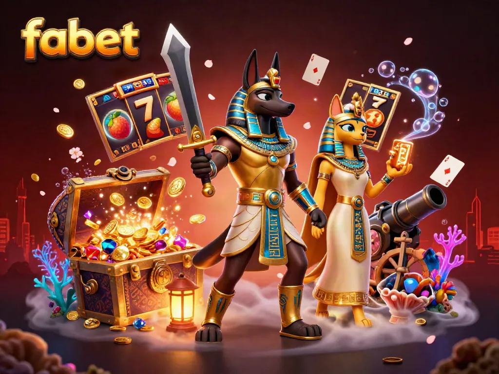 Experience the excitement of fabet with Anubis and Bastet amidst dynamic slot machine elements and treasure!