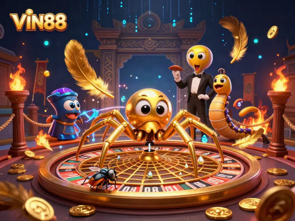 Experience thrilling casino gameplay with VIN88 as the golden spider spins a roulette wheel web.