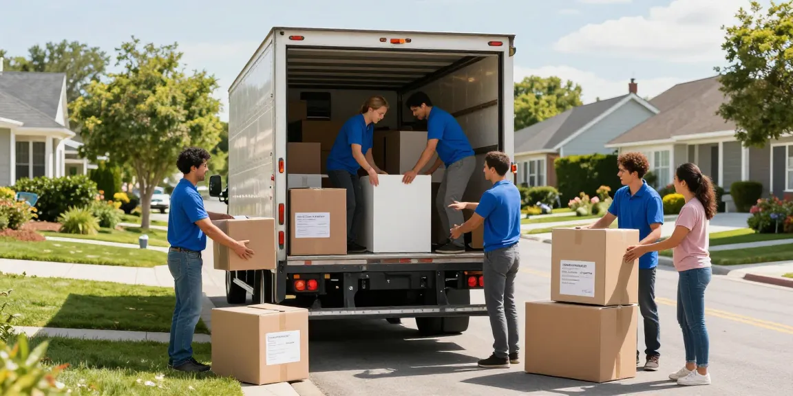Umzugsunternehmen Ludwigshafen, professionelles Umzugs-Team packt Möbel in ein Lastwagen in einer Wohngegend.