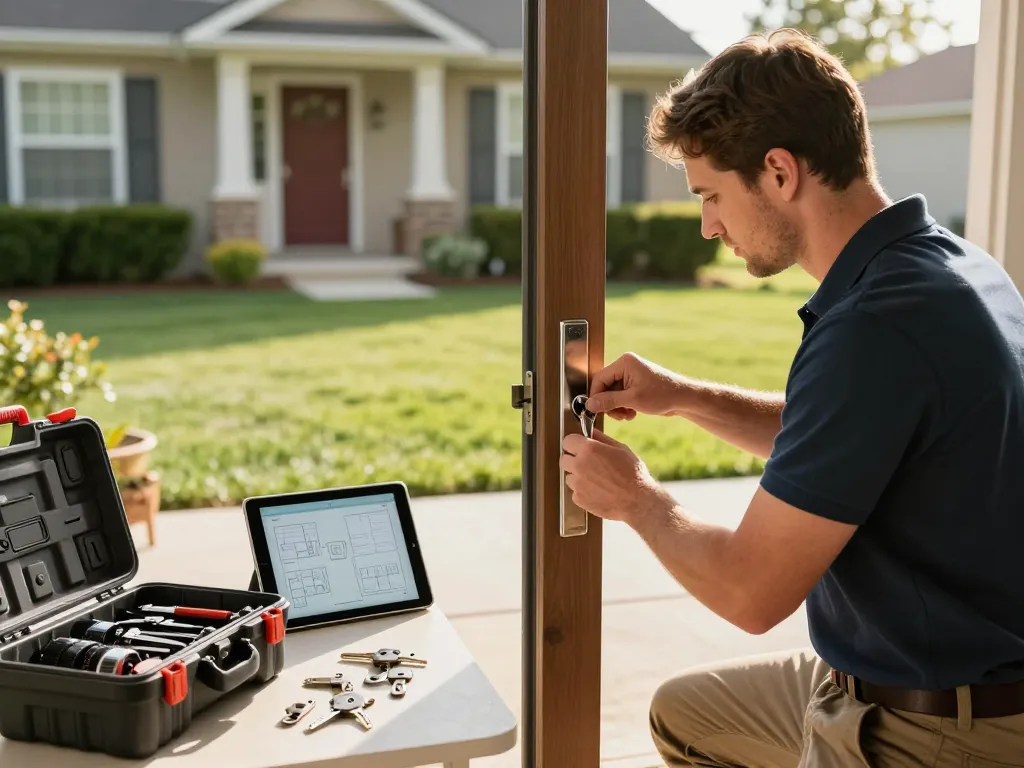 Locksmith at work in a suburban setting, showcasing PSL Lock and Key expertise in rekeying residential locks.