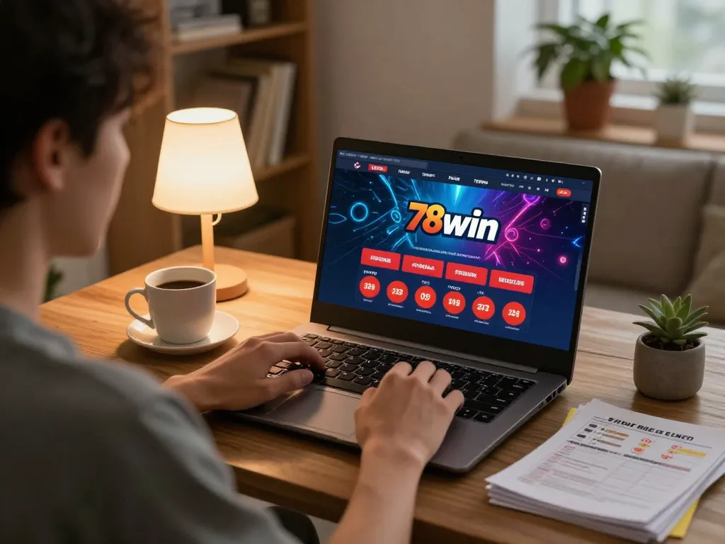 Player engaging with 78win casino app on a cozy home setup while analyzing betting strategies.