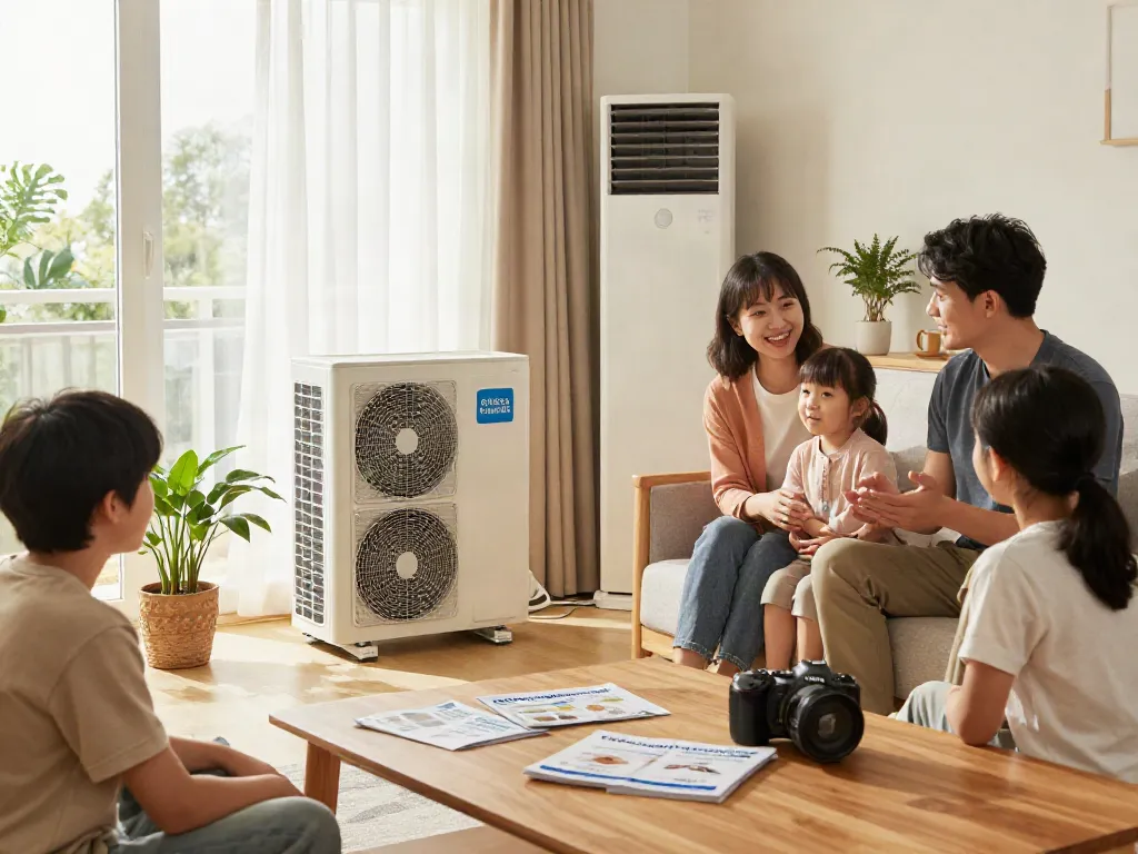 Diskussion über Wärmepumpe Kosten in einem einladenden Wohnraum mit modernen, energieeffizienten Geräten.