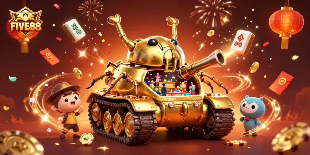 Experience excitement at FIVE88 with a golden beetle tank revealing a miniature casino inside.