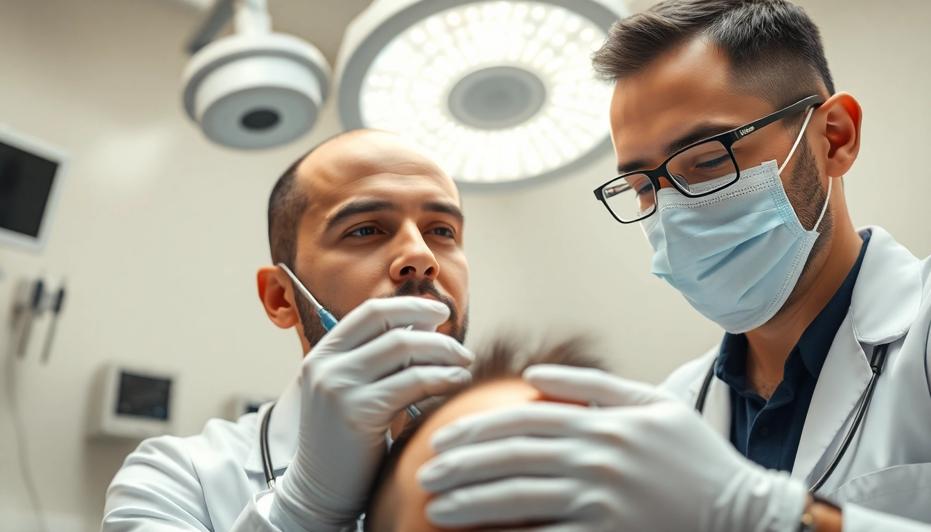 Haartransplantation Türkei in einer modernen Klinik genießen, während der Arzt das Verfahren durchführt.