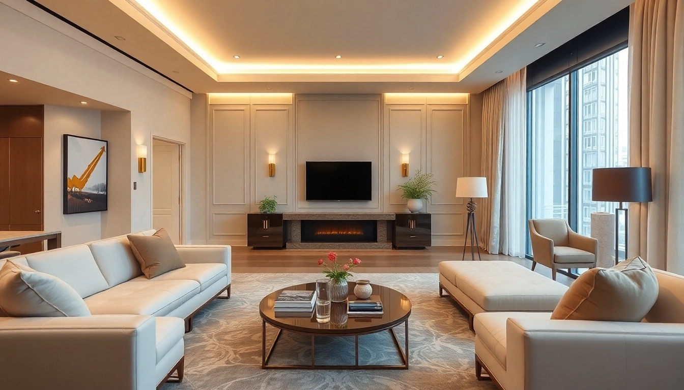Luxury modern living room showcasing elegant furniture and soft lighting