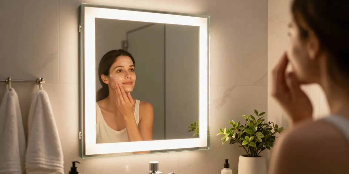 Infrarotspiegel mit LED-Beleuchtung in einem stilvollen Badezimmer, das Selbstpflege-Routinen verbessert.