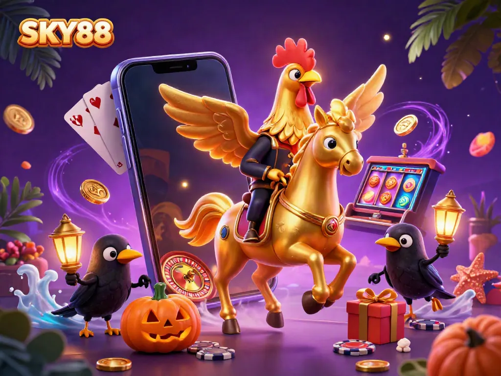 Experience thrilling wins with SKY88, featuring a golden rooster in a lively casino scene.