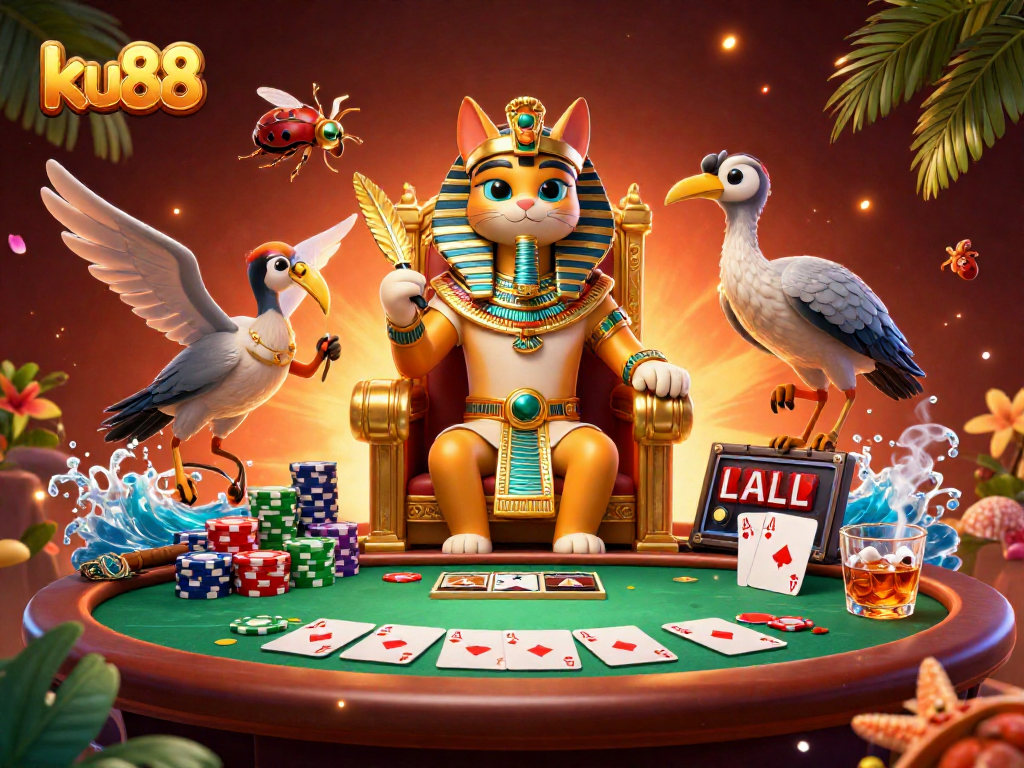 Experience thrilling gameplay at ku88 with a pharaoh cat and poker action in a vibrant casino scene.