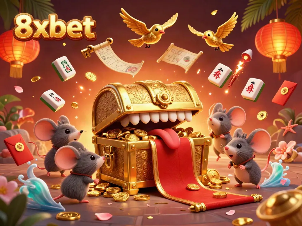Experience victories with 8xbet's vibrant treasure chest illustration, luring players into exciting gameplay.
