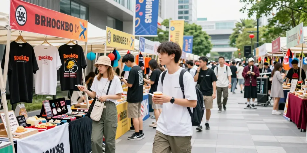 Young adult enjoying rokok88 merchandise at a vibrant street festival.