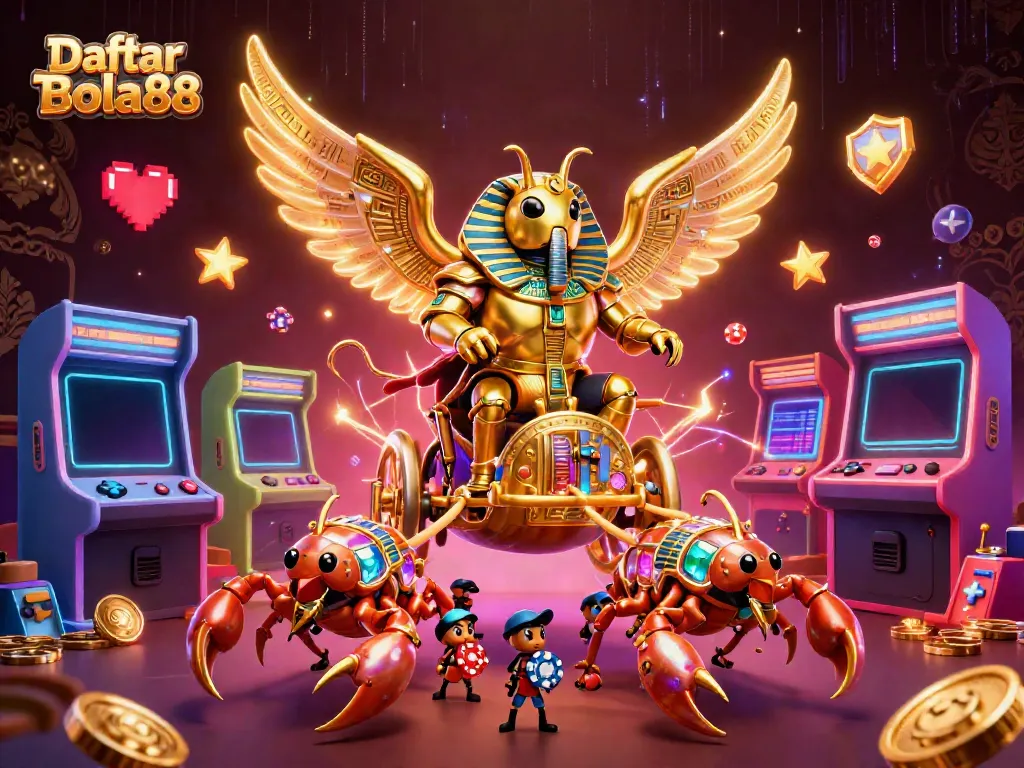 Experience exciting gaming vibes with Daftar Bola88 featuring golden scarab beetle amidst vibrant casino elements.