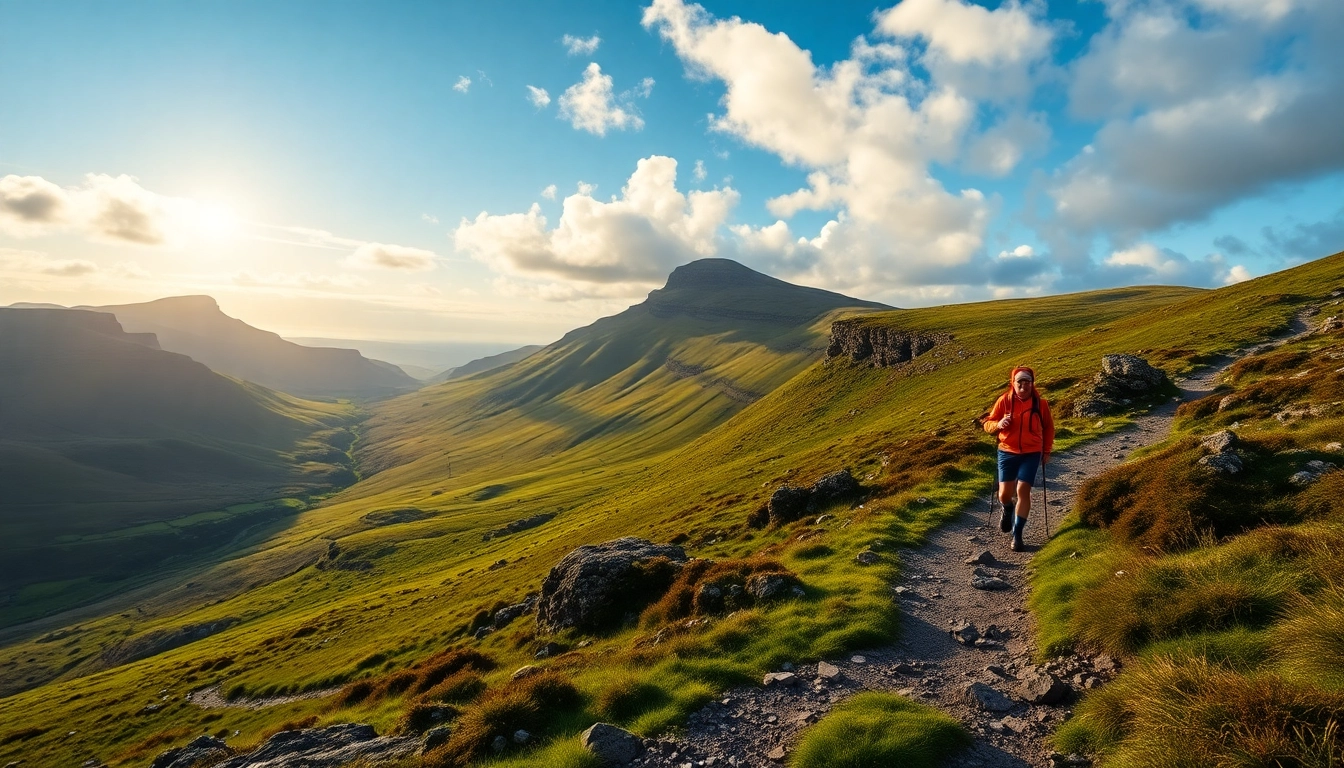 Irland wandern auf einem malerischen Wanderweg mit grünen Hügeln und einem einsamen Wanderer.