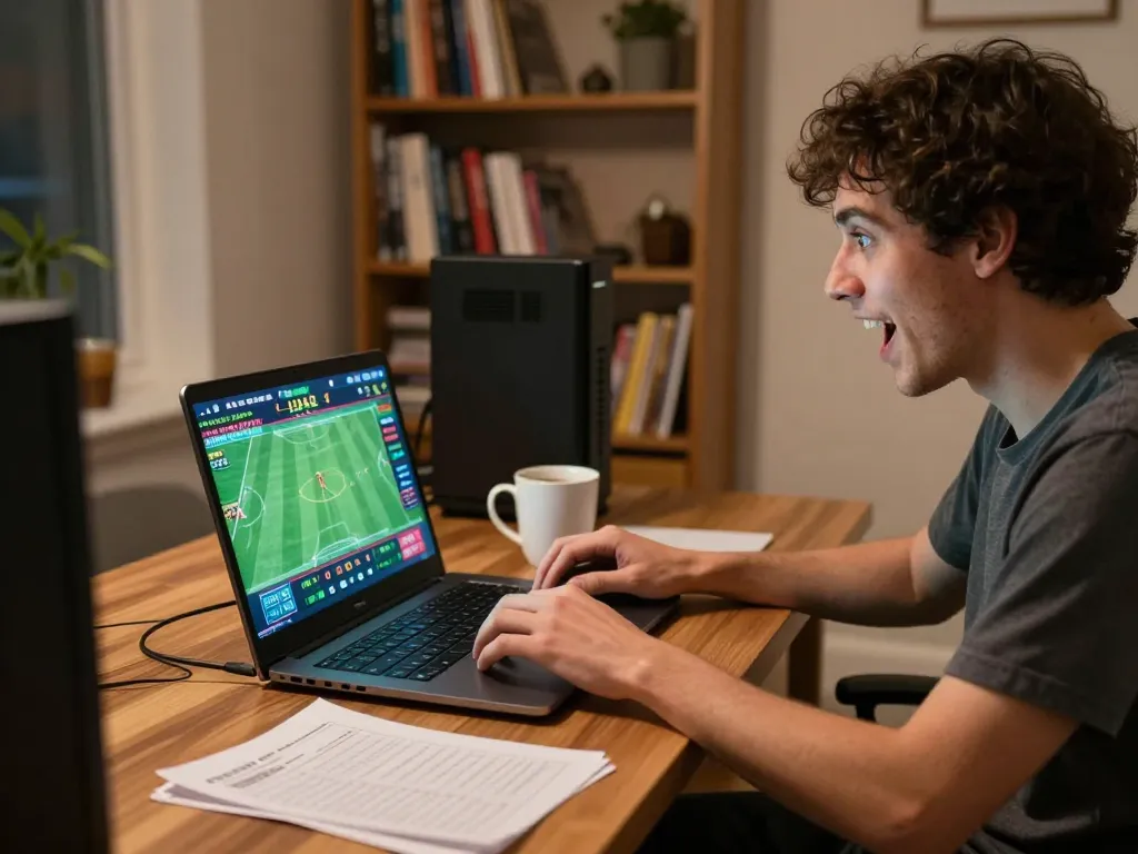 Person engaging in online cakhia sports betting on a laptop during a cozy home gaming session.