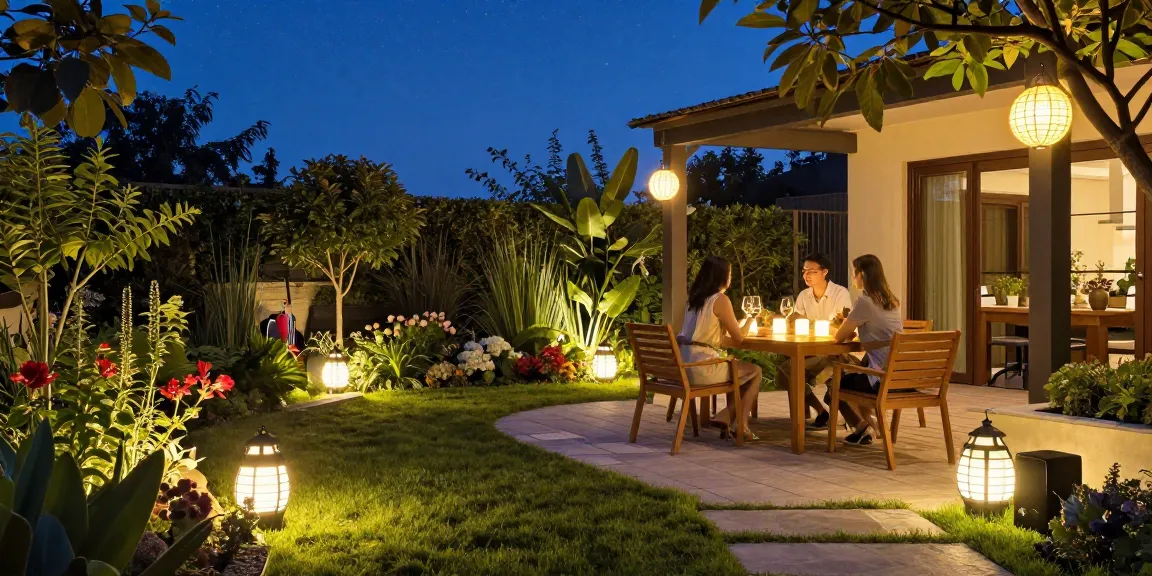 Elegante Gartenbeleuchtung, die eine gemütliche Terrasse im Freien beleuchtet und eine warme und einladende Abendatmosphäre schafft.