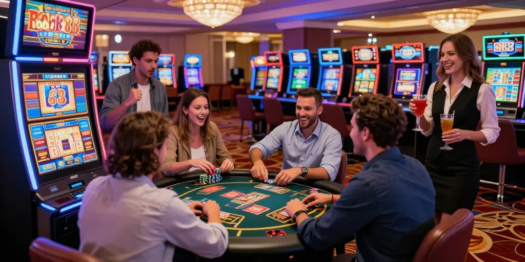 Friends enjoying the rokok88 slot machine at a lively casino floor, celebrating the gaming excitement.