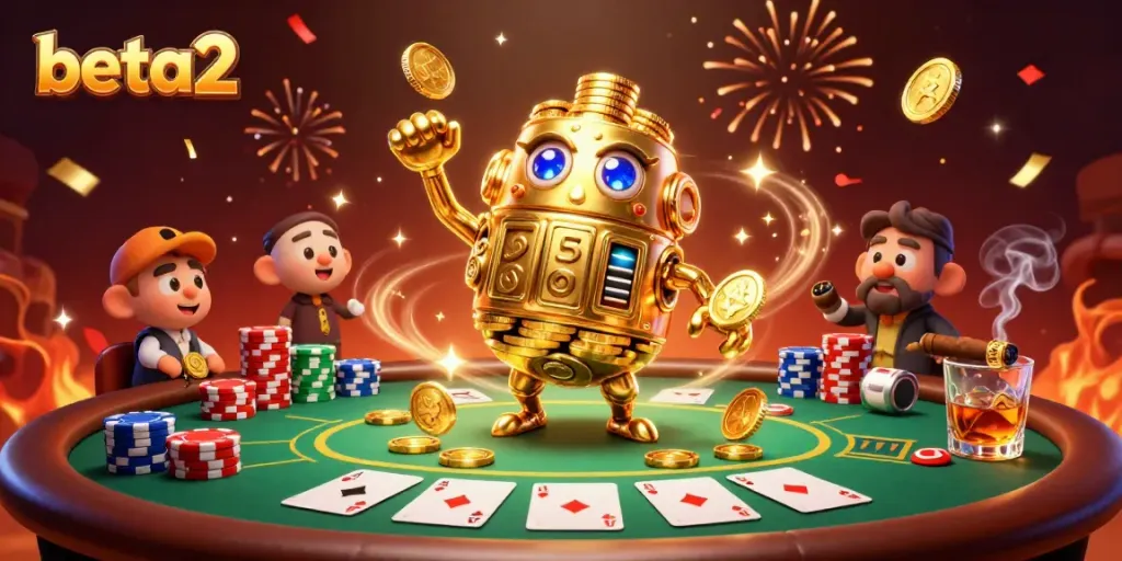 Experience thrilling casino action with a golden golem and poker elements in a vibrant beta2 scene.