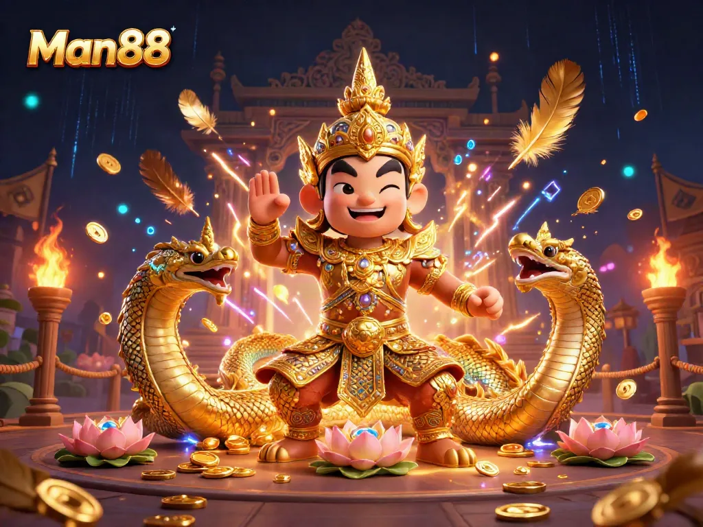 Bet on Man88 with a vibrant 3D illustration showcasing Thai guardians and casino elements.