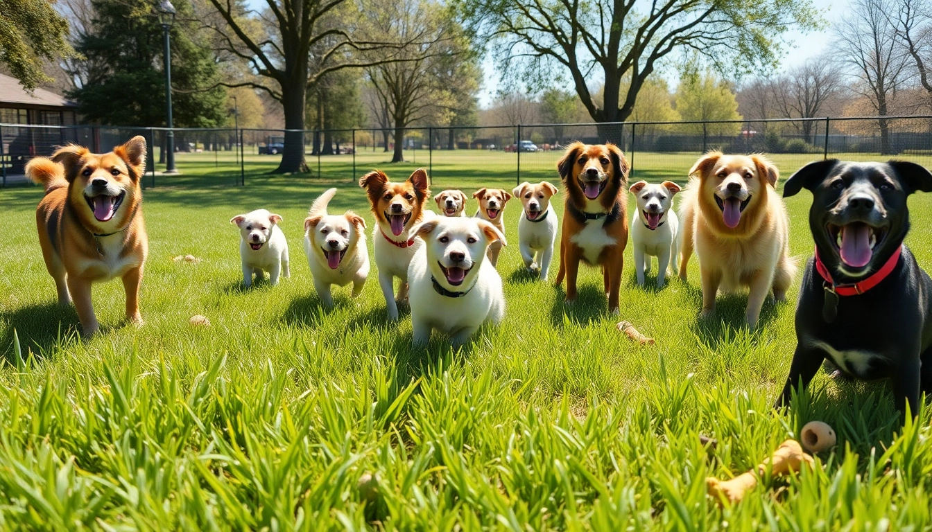 Hunde erfreuen sich an der Spielzeit bei pawsometime im sonnigen Park.