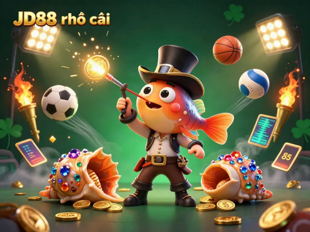 Engage with JD88 nhà cái in a vibrant 3D scene featuring animated sea characters and sports elements.