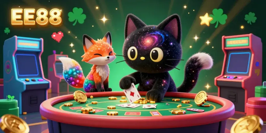 Engage with EE88's cosmic casino adventure featuring unique gaming characters and vibrant elements.