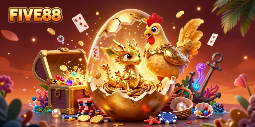 Experience the vibrant world of FIVE88 with a golden dragon and poker chips in a dynamic casino scene.