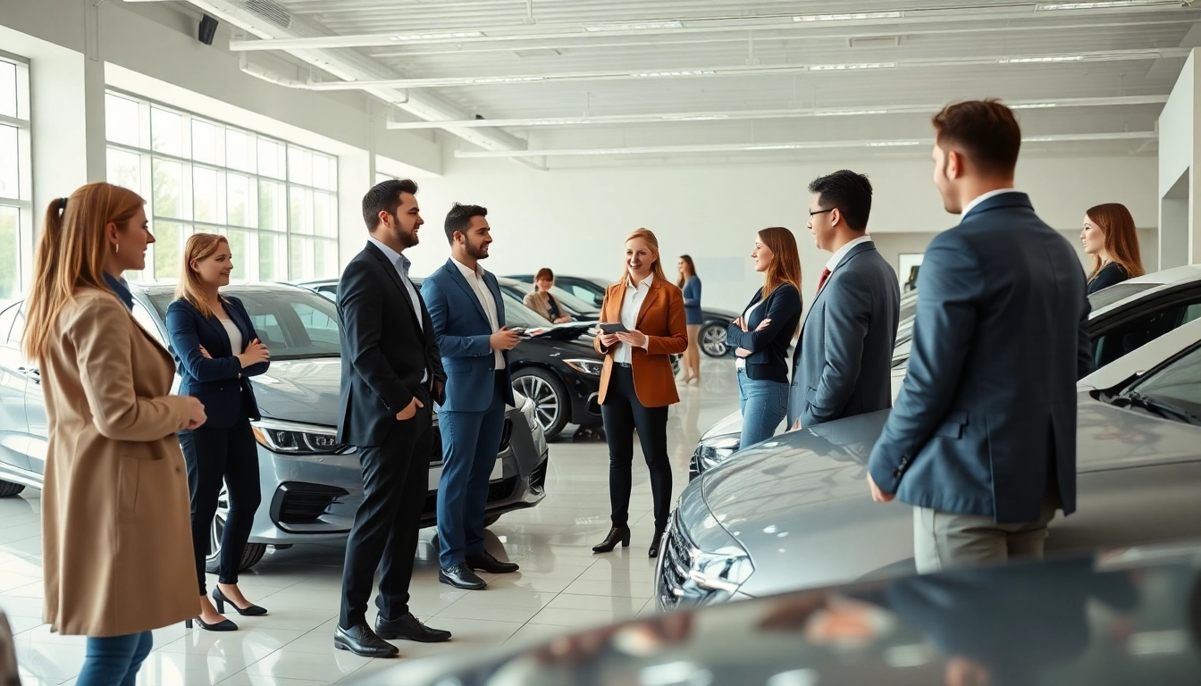 Auto kaufen in einem modernen Autohaus, glückliche Kunden testen verschiedene Modelle.