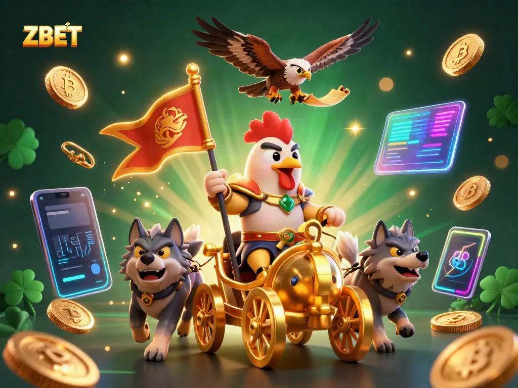 Join the ZBET adventure with a cartoon rooster warlord and cosmic elements in this 3D casino illustration.