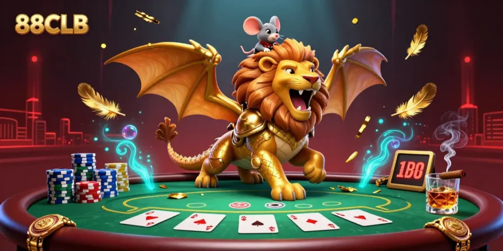 Experience thrilling poker action with the 88CLB chimera in golden armor, amidst game elements and vibrant glow.